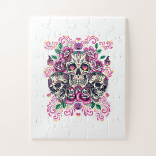 Puzzle Crâne floral, squelette aquarelle rose, Halloween.