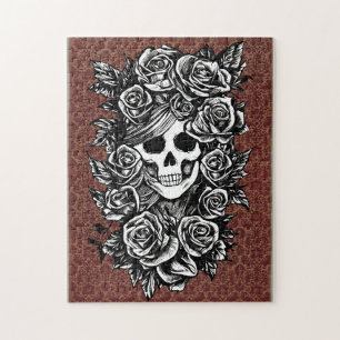 Puzzle Crâne Rose Goth Dessin original à l'encre Art