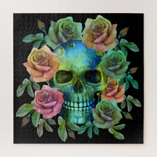 PUZZLE CRÂNE VERT DE LA MORT AVEC FLEURS (Vertical)