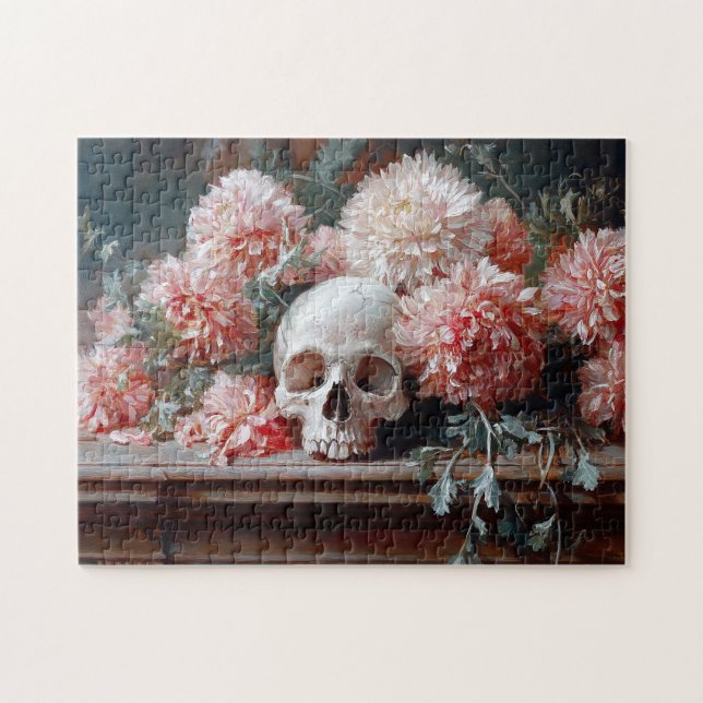 Puzzle Crâne vintage et fleurs rose pâle (Horizontal)