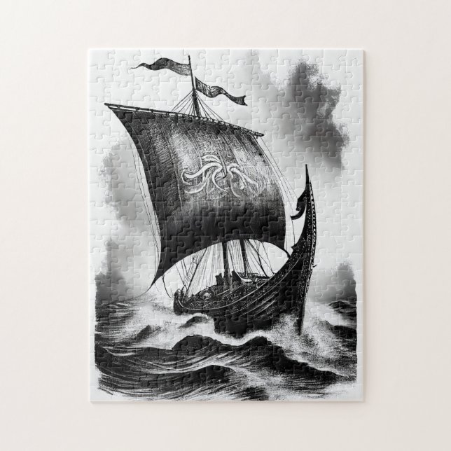 Puzzle Crayon d'encre aquarellable de bateau dragon Vikin (Vertical)