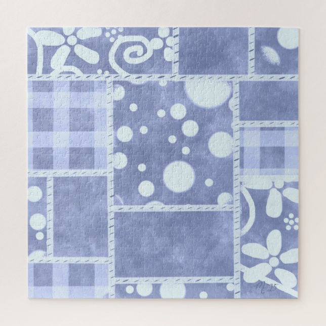 Puzzle Crazy Quilt Blue Gingham Floral Pattern  (Vertical)