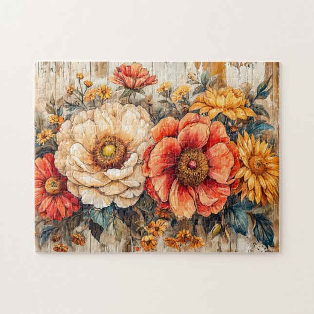 Puzzle Cream Peony and Orange Zinnia on Wood (Horizontal)