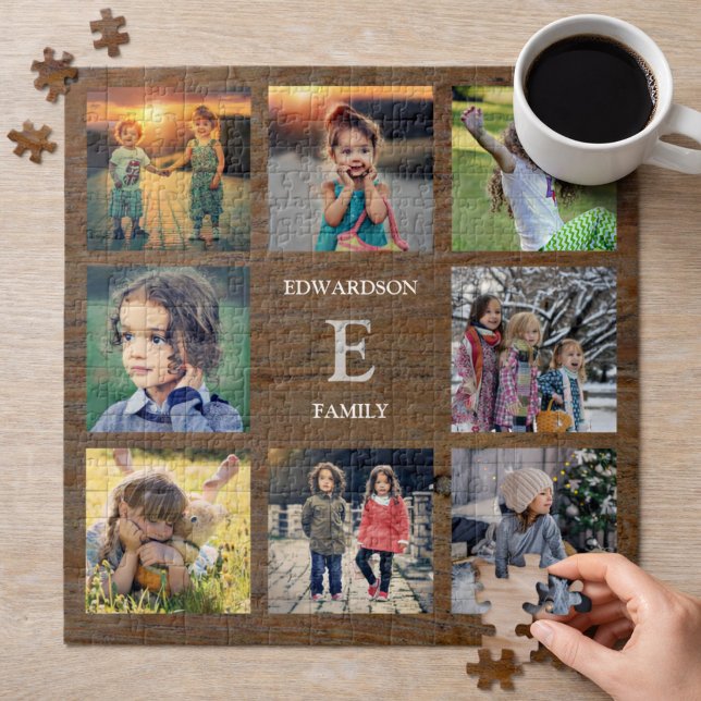 Puzzle Create your own rustic wood family photo collage (Create your own unique family photo collage, family name, jigsaw puzzle.)
