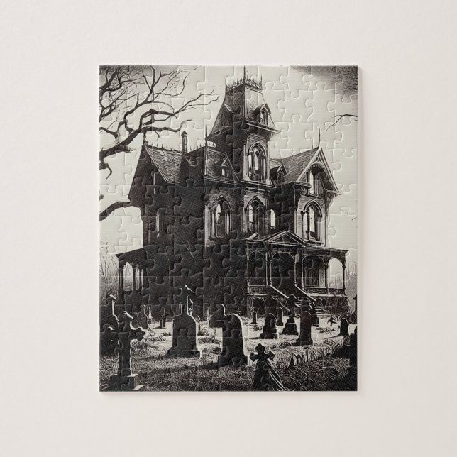 Puzzle Creepy Haunted House Graveyard Drawing (Vertical)