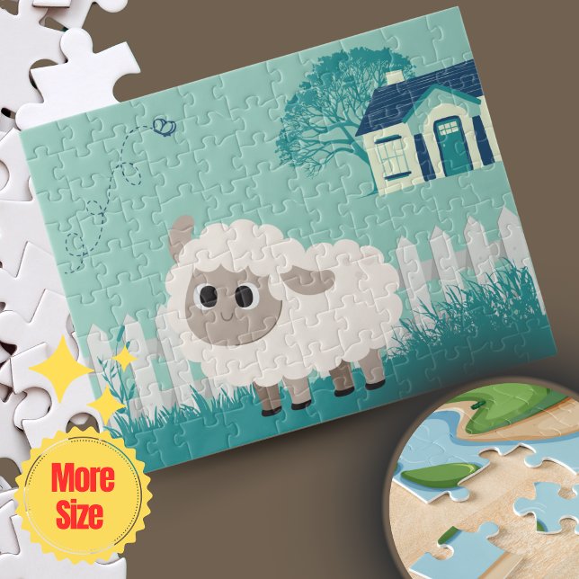 Puzzle Crème verte Dessin illustratif Mouton Anime (Green Cream Illustrative Cartoon Anime Sheep Jigsaw Puzzle | Personalized Minimalist Kids Puzzle 🧩)