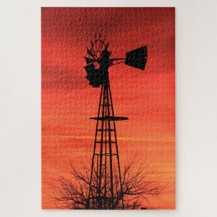 Puzzle Crépuscule rouge Kansas Coucher de soleil silhouet