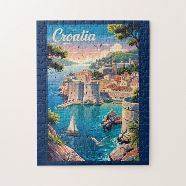 Puzzle Croatia Dubrovnik Illustration Travel Art Vintage (Vertical)