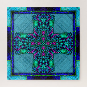 Puzzle Croix celtique en verre coloré bleu et aqua