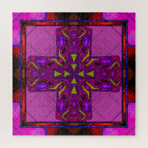 Puzzle Croix celtique en verre coloré rose et violet