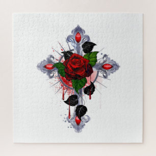 Puzzle Croix d'argent avec une rose rouge