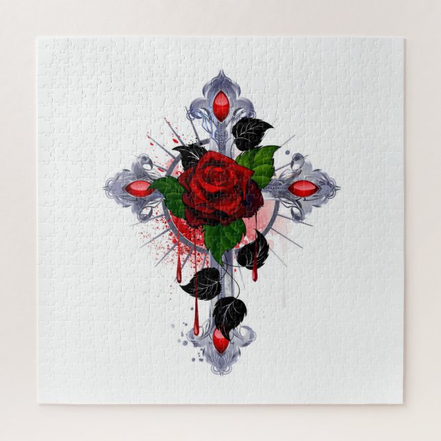 Puzzle Croix d'argent avec une rose rouge (Vertical)