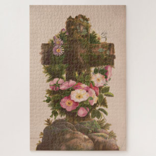 Puzzle Croix rustique antique, roses sauvages, carte de P