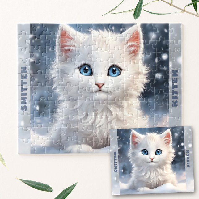 Puzzle Cuit Chat Chat Chat Chat Chat Neige Hiver Nom pers (Cute White Kitten Cat Winter Snow Custom Name Jigsaw Puzzle)