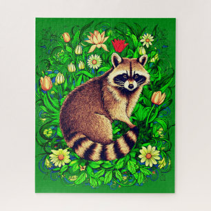 Puzzle Curieux Raccoon dans un jardin fleuri coloré