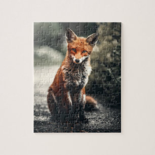 Puzzle Curious Big Red and White Fox Sitting in Nature