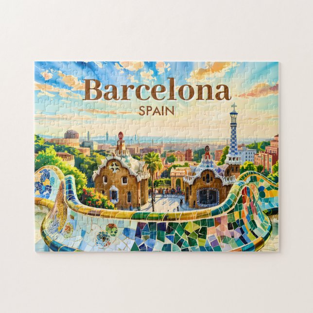 Puzzle Custom Barcelona Spain Watercolor Park Guell Retro (Horizontal)