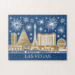 Puzzle Custom Las Vegas Strip Skyline Vintage Cityscape<br><div class="desc">This design shows the Las Vegas Strip skyline with brilliant fireworks above the cityscape, featuring famous iconic landmarks including the Luxor Pyramid, Paris Las Vegas Eiffel Tower, and Mandalay Bay. Illustrated in a clean bold minimalist line art style with a mid‑century modern illustration and retro vintage style influence, it uses...</div>