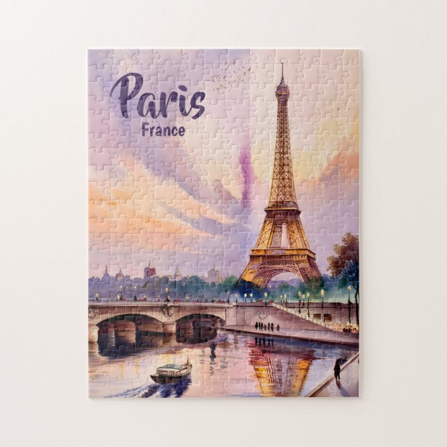 Puzzle Custom Paris France Eiffel Tower Sunset Watercolor (Vertical)