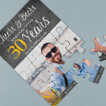 Puzzle Custom photo Cheers and beers 30th men birthday<br><div class="desc">Informal and funny cheers and beers men thirty birthday custom photo keepsake gift puzzle with a fancy typography script, a yellow doodle beer mug, and swirls on a rustic vintage dark grey chalkboard background. Suitable as a keepsake gift for any age or milestone birthday party or long-distance virtual celebration. Easy...</div>