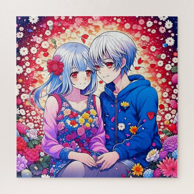 Puzzle Cute Anime Couple entouré de Fleurs et Coeur (Vertical)