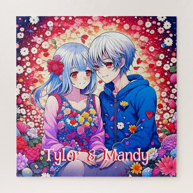 Puzzle Cute Anime Couple, Fleurs et Coeurs Personnalisé (Vertical)