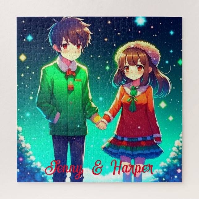Puzzle Cute Anime Couple Tenue Mains Personnalisées (Vertical)