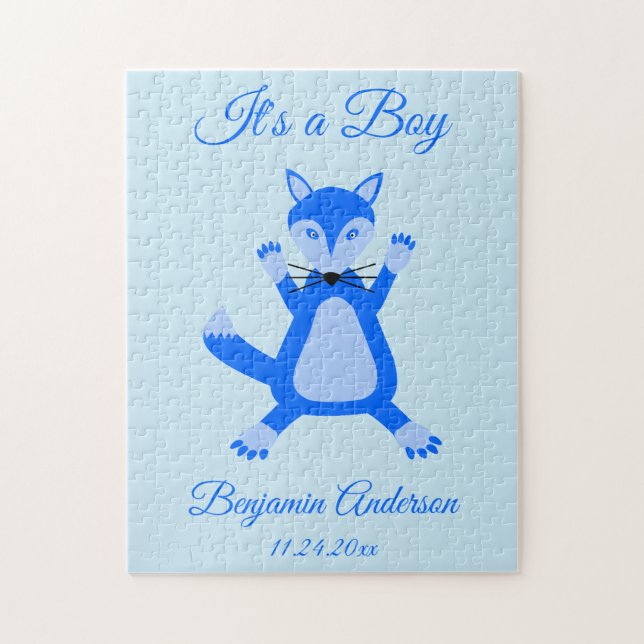 Puzzle Cute Blue Baby Boy Fox Faire-part de naissance (Vertical)