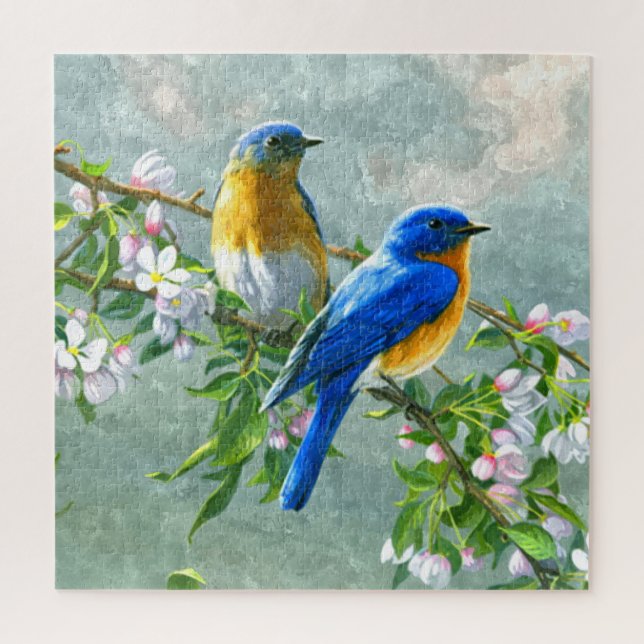 Puzzle Cute Blue Yellow Birds Watercolor Art Oil Painting (Vertical)