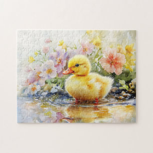 Puzzle Cute canard avec Fleurs Aquarelle