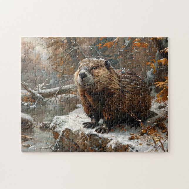 Puzzle Cute castor pendant la peinture à l'huile d'hiver (Horizontal)