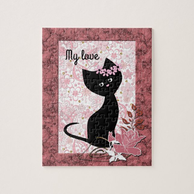 Puzzle Cute chat chaton noir personnalisé wreath floral p (Vertical)