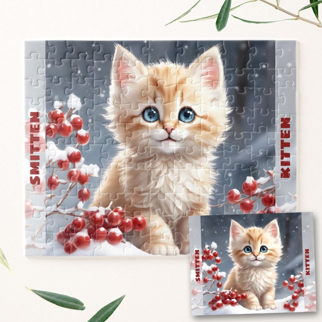 Puzzle Cute chat Kitten hiver Noël Nom personnalisé (Cute Cat Kitten Winter Christmas Custom Name Jigsaw Puzzle)
