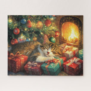 Puzzle Cute chaton dormant sous un sapin de Noël