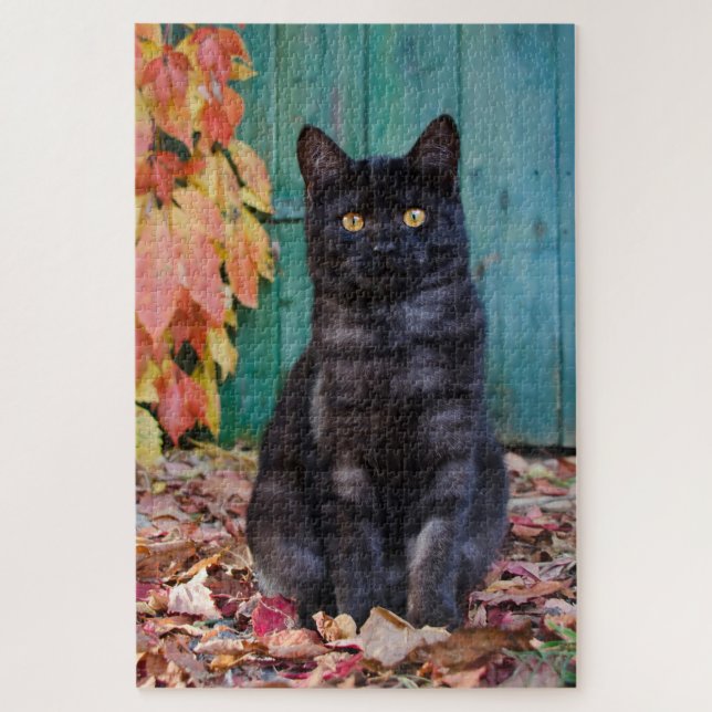 Puzzle Cute chaton noir avec porte bleue Feuille rouge - (Vertical)