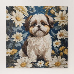 Puzzle Cute Chih Tzu Chien Blanc Fleurs De Faisée