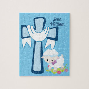 Puzzle Cute Christian Little Boy Blue Lamb Cross Baptism