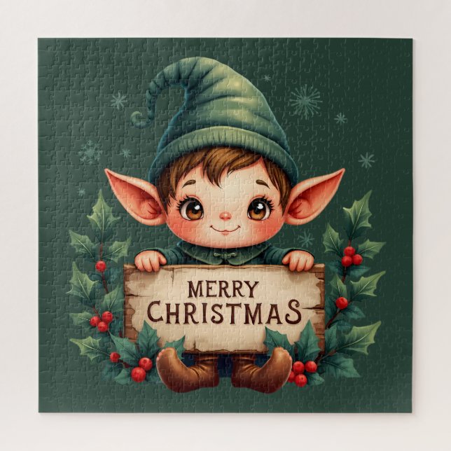 Puzzle Cute Christmas Elf Holding Merry Sign Green (Vertical)
