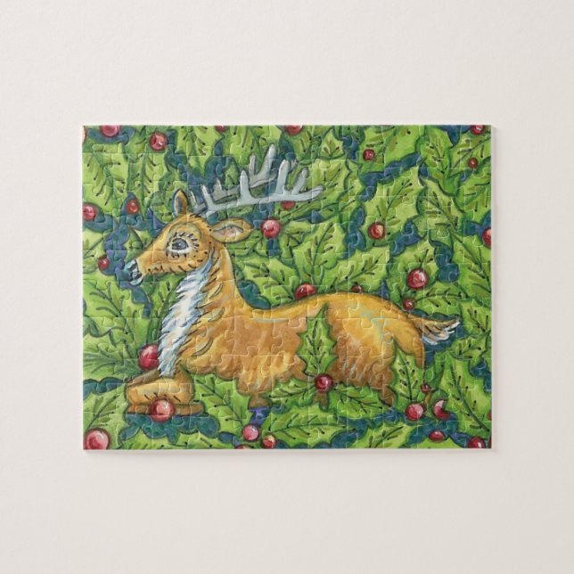 Puzzle Cute Christmas Reindeer in Forest with Holly (Horizontal)