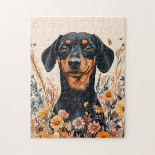 Puzzle Cute Dachshund avec peinture Fleur sauvage