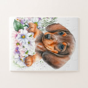 Puzzle Cute Dachshund chiot Aquarelle florale Chien