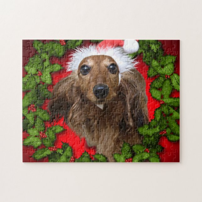 Puzzle Cute dog with Santa's red and garland (Horizontal)