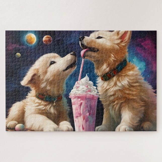 Puzzle Cute Fluffy Puppies hurle lune, milk-shakes planèt (Horizontal)