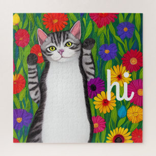 Puzzle Cute Folk Art Chat disant Hi parmi les fleurs