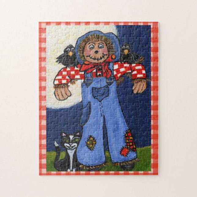 Puzzle Cute Folk Art Scarerow Chat Crows sur Plaid (Vertical)