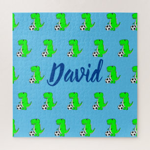 Puzzle Cute Green Soccer Dino T-Rex On Blue