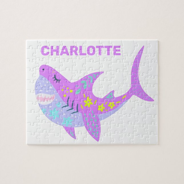 Puzzle Cute Kawaii Requin souriant en violet Personnalisé (Horizontal)