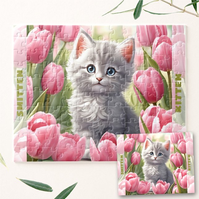 Puzzle Cute Kitten Cat Spring Tulip Floral Nom personnali (Cute Kitten Cat Spring Tulip Floral Custom Name Jigsaw Puzzle)