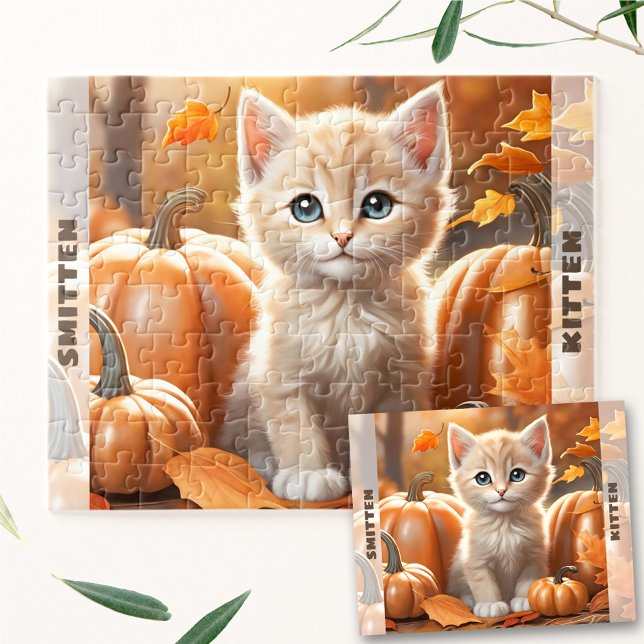 Puzzle Cute Kitten Chat Citrouille Automne Automne Automn (Cute Kitten Cat Pumpkin Fall Autumn Custom Name Jigsaw Puzzle)