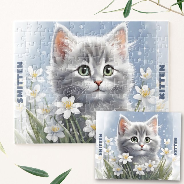 Puzzle Cute Kitten Chat Hiver Printemps Floral Nom person (Cute Kitten Cat Winter Spring Floral Custom Name Jigsaw Puzzle)